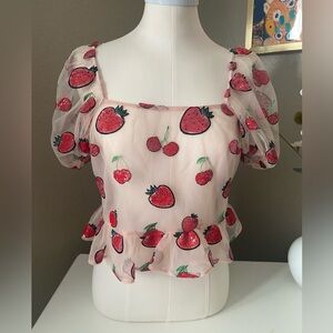 Topshop Sheer Blouse with Strawberry/Cherry Embroidery